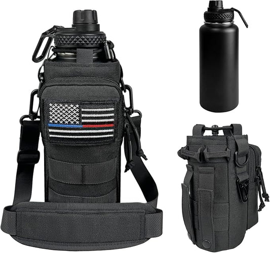 32 Oz Insulated Water Bottle - Stainless Steel Metal Military Black Water Jug with Sleeve, Gym Water Bottles for Men Sports Workout Hiking with Black Water Bottle Pouch