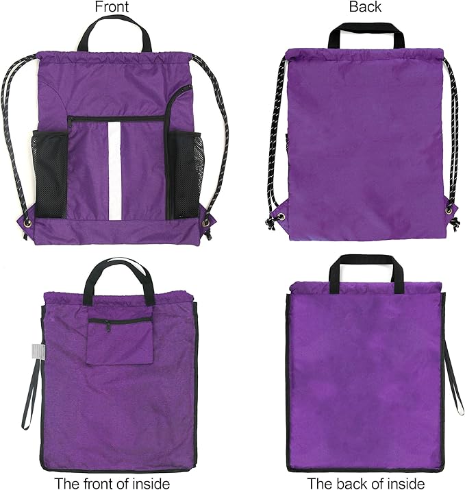 BeeGreen Purple_Drawstring_Backpack_Bag_Sports_Gym_Backpack with Shoe Compartment and Two Water Bottle Holder for Men Women Large String Athletic Sackpack Workbag