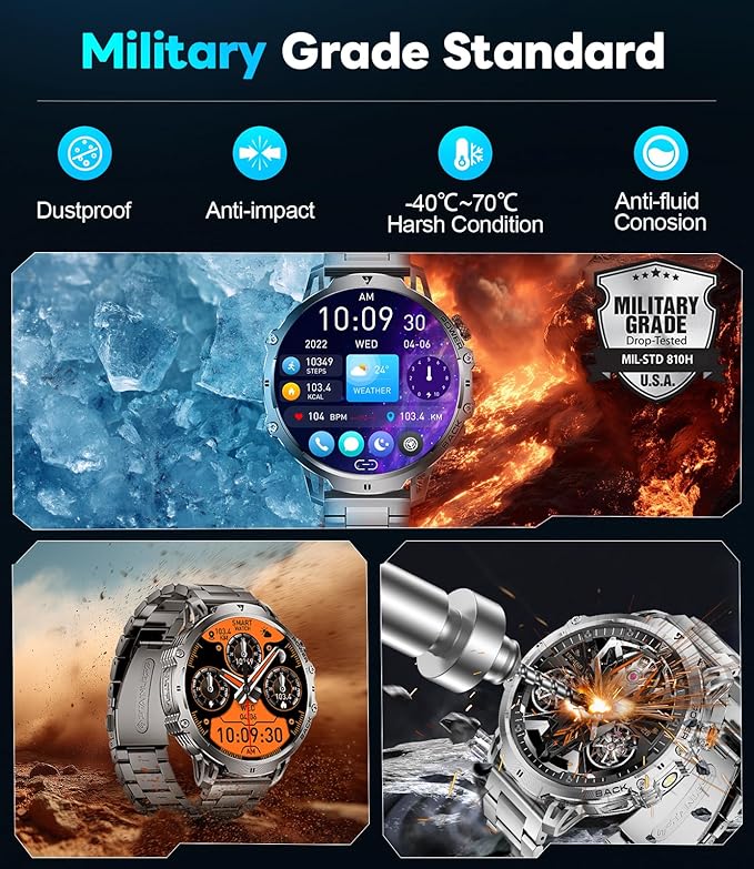 LIGE Military Smart Watches for Men(2 Bands),1000mAh/1.85" HD Large Screen Smartwatch, Flashlight/110+ Sports Modes/IP68 Waterproof/Sleep Monitor, Fitness Tracker Watch for Android iOS,Silver