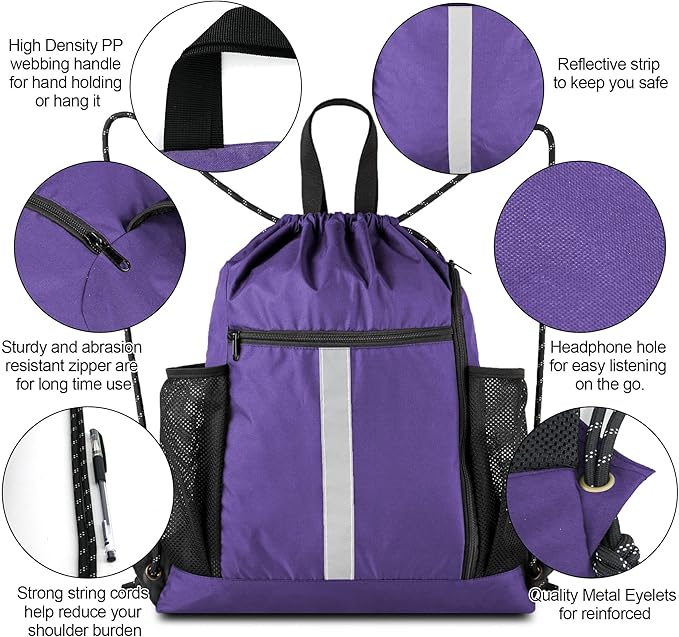 BeeGreen Purple String Bag Sack Gym Backpack with Shoe Compartment and Two Water Bottle Holder for Men Women Lightweight Durable Drawstring Cinch Sackpack