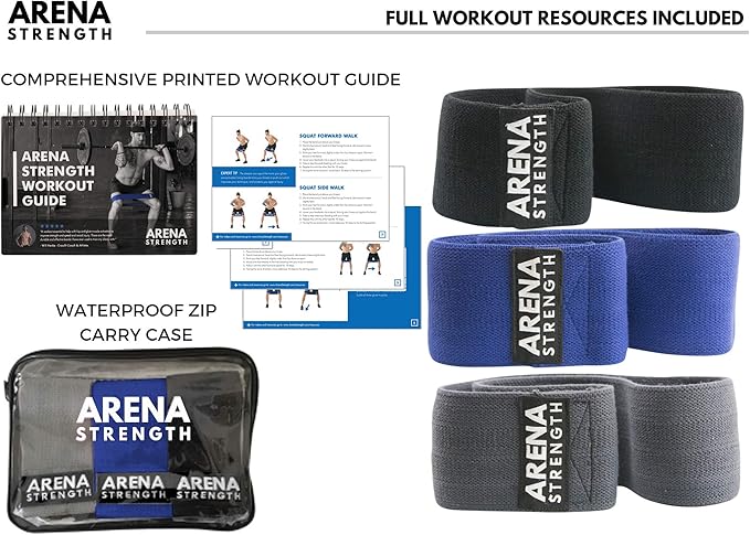 Arena Strength Fabric Booty Bands - Fabric Exercise Bands for Legs and Butt | Fabric Resistance Bands | Hip Resistance Bands with Workout Guide and Carry Case