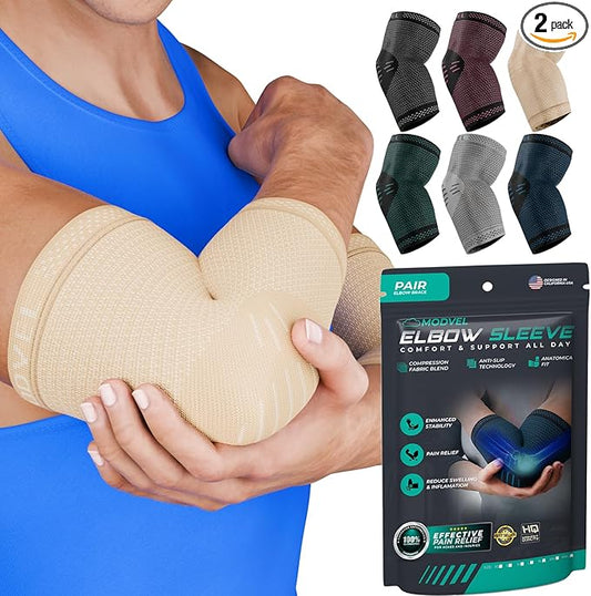 Modvel 2 Pack Elbow Brace - Golfer's Elbow Compression Sleeve Support for Joint Pain Relief, Recovery, Tendonitis Braces, Tennis Elbows Brace For Men & Women, Workout & Weightlifting Arm Wrap