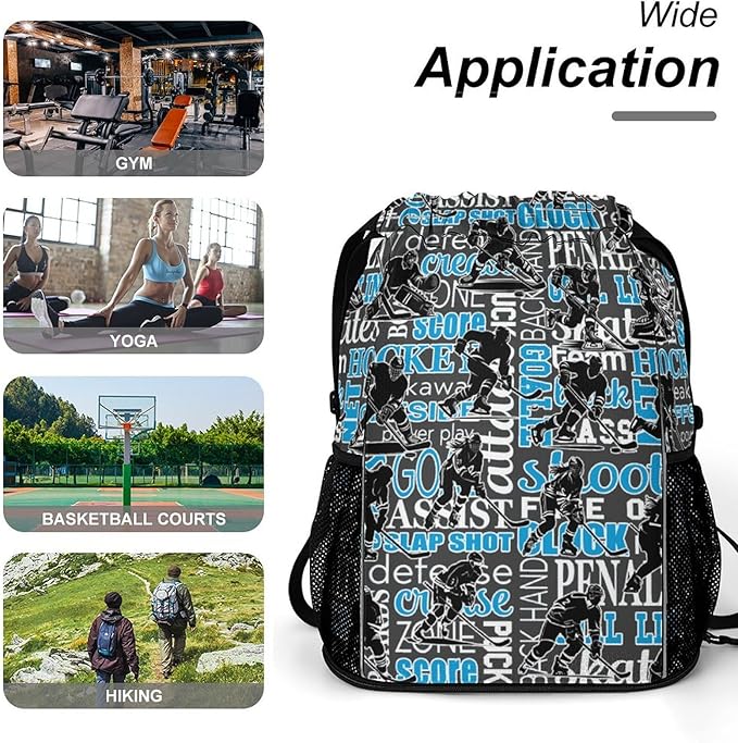 Hockey Drawstring Backpack - Cool Cinch Sack, String Backpacks with Pocket for Kids Women Men Boys Girls for Gym Outdoor Sports Travel Athletic Drawstring Bag - Lightweight/Foldable