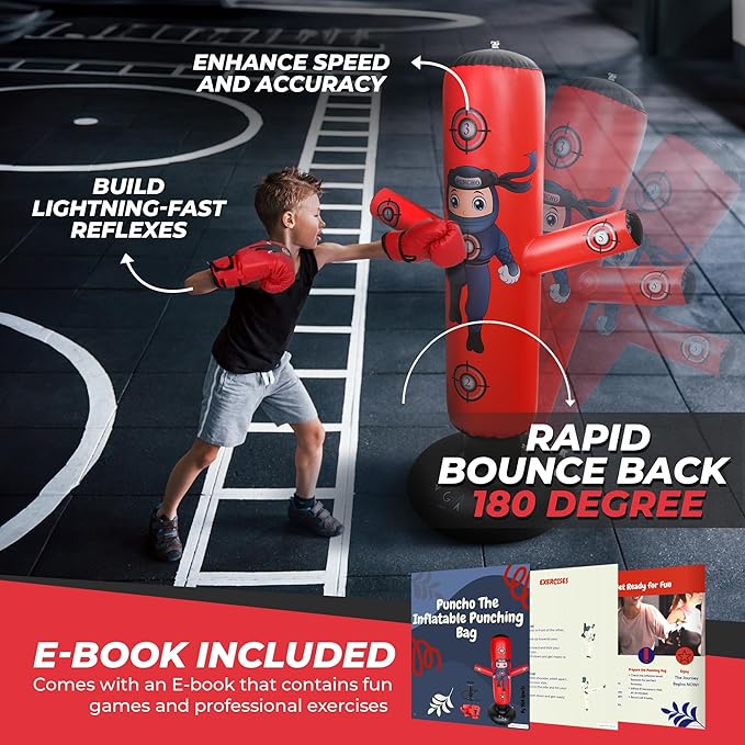 PUNCHO Punching Bag for Kids: 63" Kids Punching Bags 3-8 with Gloves, Pump, PUNCHO eBook - Kid Boxing Bag Set & Birthday Gift - Inflatable Punching Bag for Kid 8-12 with 5 Targets - Boxeo para Niños