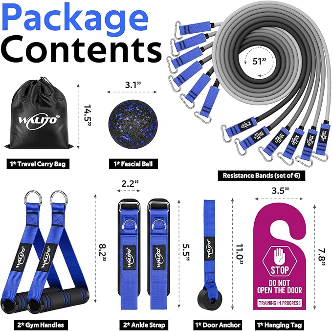 WALITO Resistance Bands Set - Exercise Bands with Handles, Door Anchor, Legs Ankle Straps, for Heavy Resistance Training, Physical Therapy, Muscle Training, Yoga, Home Workouts, Gym