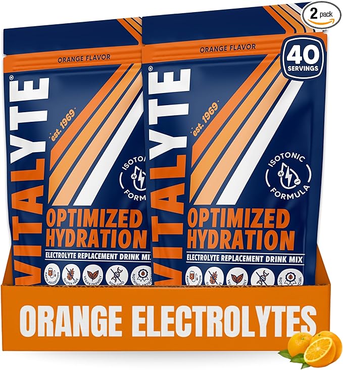 Vitalyte Electrolyte Powder Drink Mix, Isotonic Electrolyte Hydration Mix, Gluten Free Post Workout Powder Mix, Pack of 2, 35 oz. Each, Orange Flavor