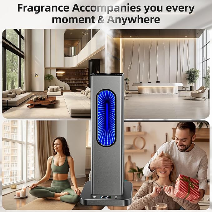 Waterless Essential Oil Diffuser, Rechargeable App Remote Control Scent Diffuser with LCD Screen, 1000 Sq Ft Coverage 3 Mist Levels Oil Diffuser with 7 LED Lights Timer for Hotel Home Office