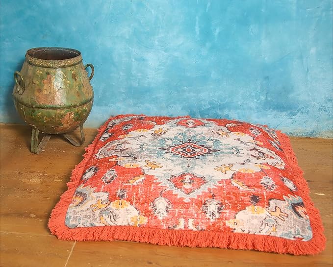 Mandala Life ART Square Meditation Cushion Cover with Fringes - 26 inches - Printed Orange Cotton Boho Chic Pillow Case