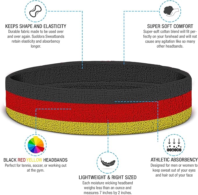 Suddora Striped Sweatband Set, Moisture Wicking 2 Wristbands and 1 Headband, Breathable Athletic Sweat Bands for Sports, Costumes & Cosplay, Matching Bands to Wear with Jersey