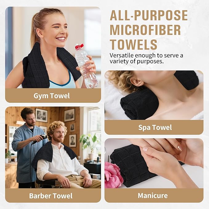 HOMERHYME Microfiber Salon Towel, 12 Pack Black Hand Towels, 16 x 27 Inches Face Towel, Bulk Quick Dry Absorbent Microfiber Towels for Gym, Bathroom, Spa, Workout and Makeup (Not Bleach Proof)