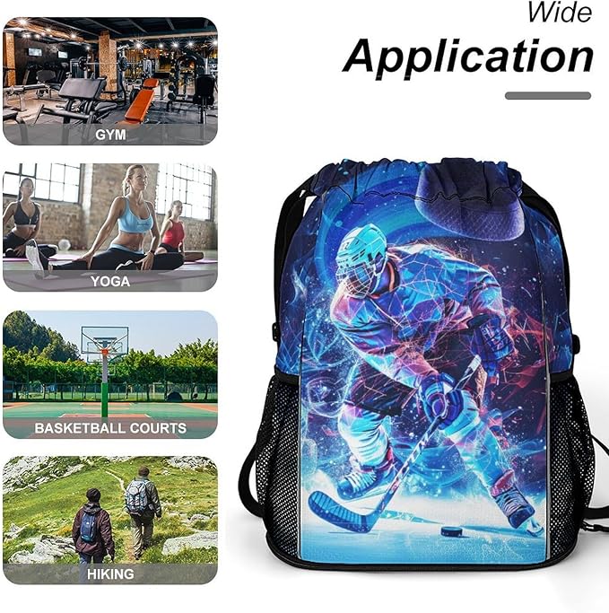 Hockey Drawstring Backpack - Cool Cinch Sack, String Backpacks with Pocket for Kids Women Men Boys Girls for Gym Outdoor Sports Travel Athletic Drawstring Bag - Lightweight/Foldable