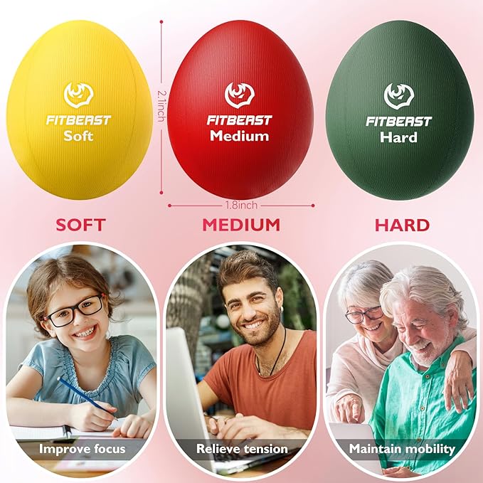 FitBeast Stress Balls for Adults, 6-Pack Hand Therapy Balls, Soft, Medium, Hard Tri-Density, Green, Orange, Blue