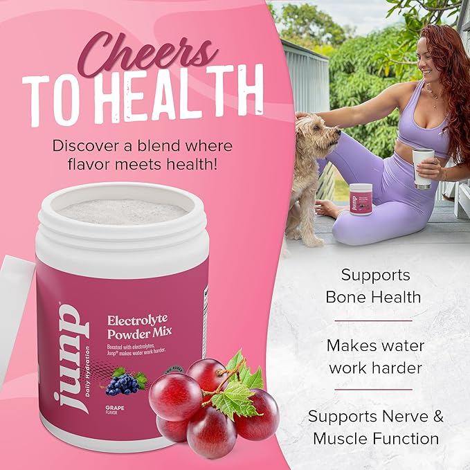 JUNP Electrolytes Powder No Sugar No Carbs – Vine Ripened Grape Infused Drink Mix - Potassium & Salt Electrolyte Hydration Powder Zero Calorie Sugar Free Electrolyte Powder,180 Servings