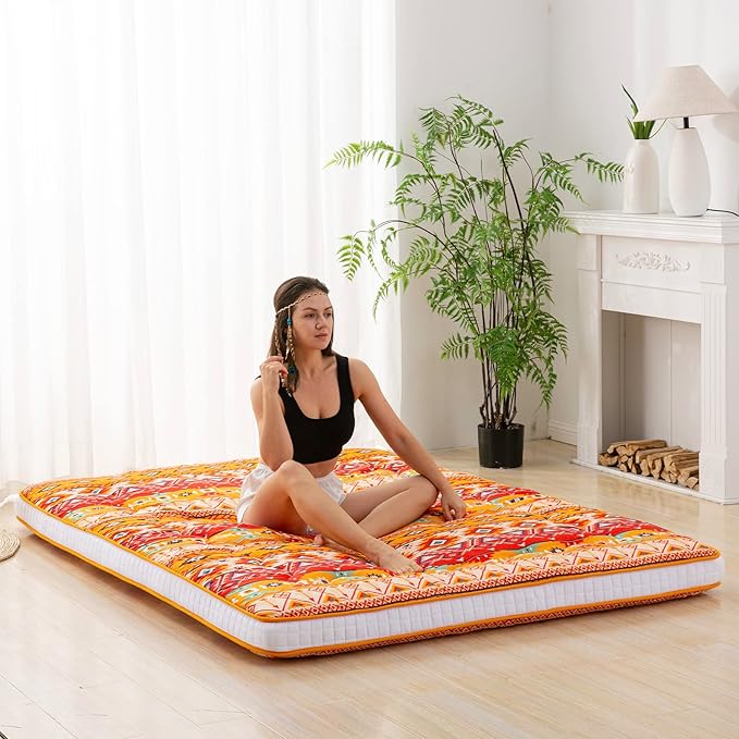 Dr.Futon Japanese Floor Futon Mattress Extra Thick Folding Roll Up Bed Topper Mat for Guest Lounger and Tavel Tradional Pattern