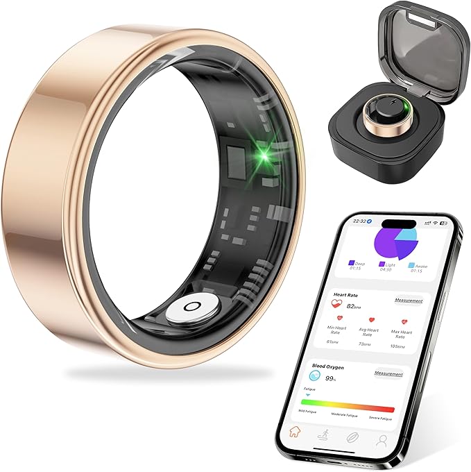 Thin Smart Ring for Fitness & Health Tracking -Pedometer,Sleep/Heart Rate/Blood Oxygen Monitor, Gesture Control / 5ATM Waterproof -No APP Subscription Compatible with Smart Phone (Rose Gold, 10)