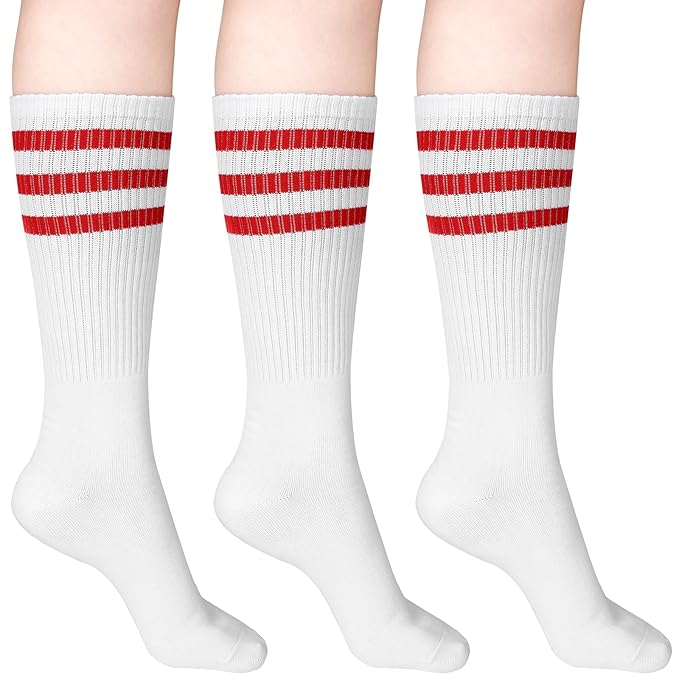 Skylety 5 Pcs Striped Sweatband Sock Set Wrist Sweatband Headband High Striped Headband for Men Women Sports 80s Party(Red and White)