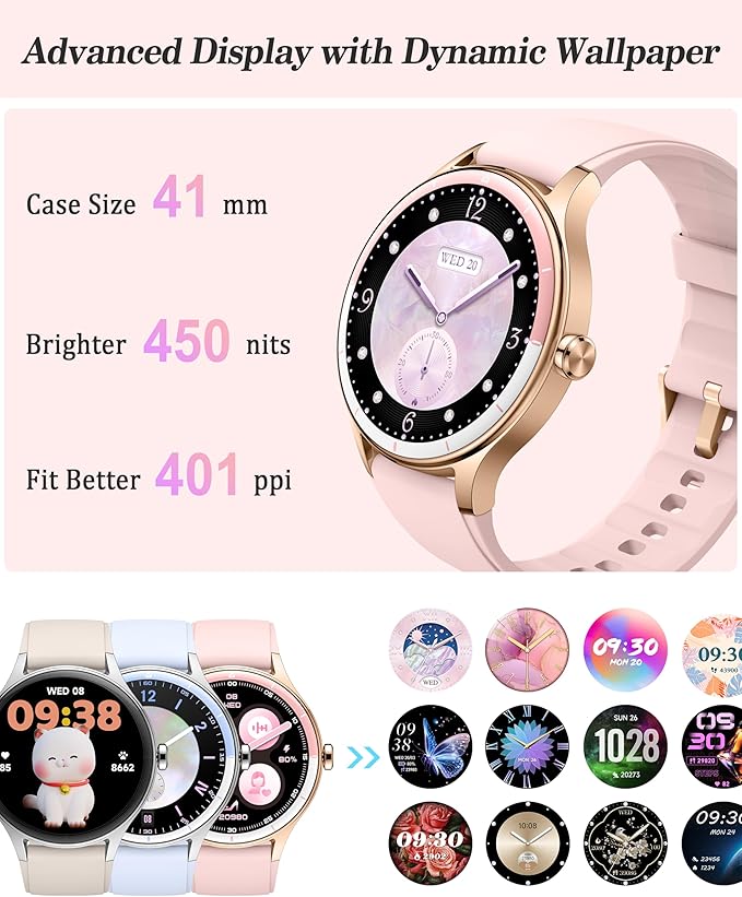 Smart Watch, 41mm Fitness Tracker, Answer/Make Calls, Digital Smartwatch with Heart Rate/Stress/Sleep Monitor, AI Voice, IP68 Waterproof Watch Calculator, Calendar, Games for Lady Women & Men