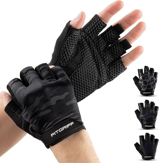 Fitgriff® Workout Gloves (Padded) for Men & Women - Fingerless Gym Gloves for Weight Lifting, Training - Full Palm Protection