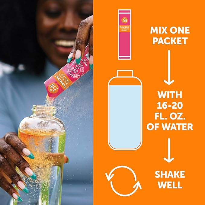 ZYN Electrolyte Drink Mix Hydration Packets, Strawberry Yuzu Electrolytes Powder, Hydration Packets w/Turmeric Curcumin, Vitamin C & D, Zinc, Hydrate & Recover Electrolyte Powder, Pack of 16