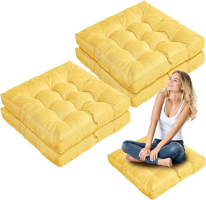 Jerify Floor Pillow Cushions 22 x 22 Inch Round Square Large Meditation Floor Pillow for Classroom Adult Meditation Picnic Party Cushion for Seating Gift Christmas(Square,Yellow,4 Pcs)