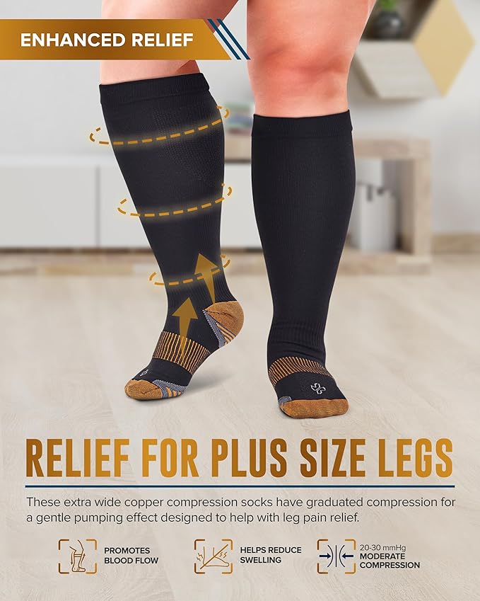Doctor's Select Copper Plus Size Compression Socks Wide Calf - 2 Pairs | 20-30mmHg Extra Wide Calf Compression Sock Women | Copper Socks for Swelling, Varicose Veins | Extra Wide Calf Compression Sock | Black Wide Compression Socks for Women & Men
