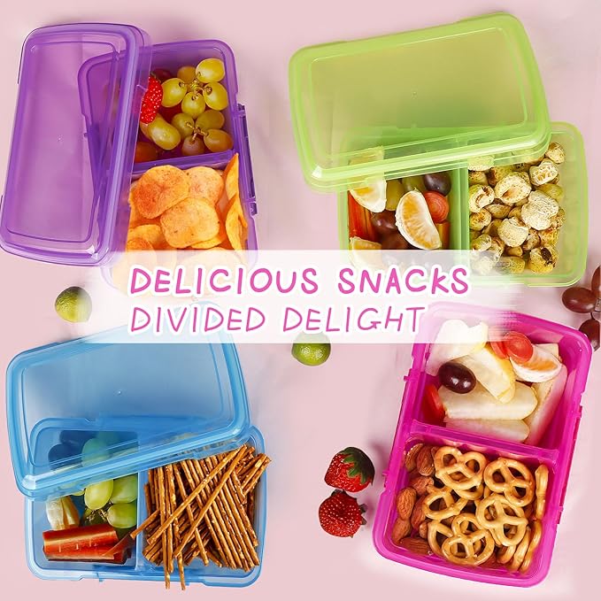 4 Pack Plastic Snack Containers with Lids, 2 Compartment Food Container for Kids Snack Box, Travel Bento Lunch Containers with forks for Fruits/Candies, Divided Food Storage Containers for School