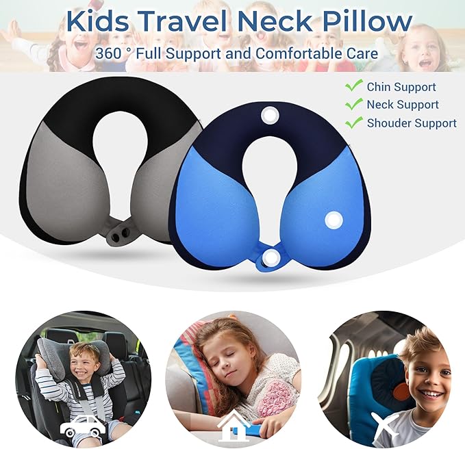 COOLBEBE Kids Travel Neck Pillow, Softly Headrest Travel Pillow for Car & Airplane, Traveling Gifts for Toddler & Children (Black & Blue)