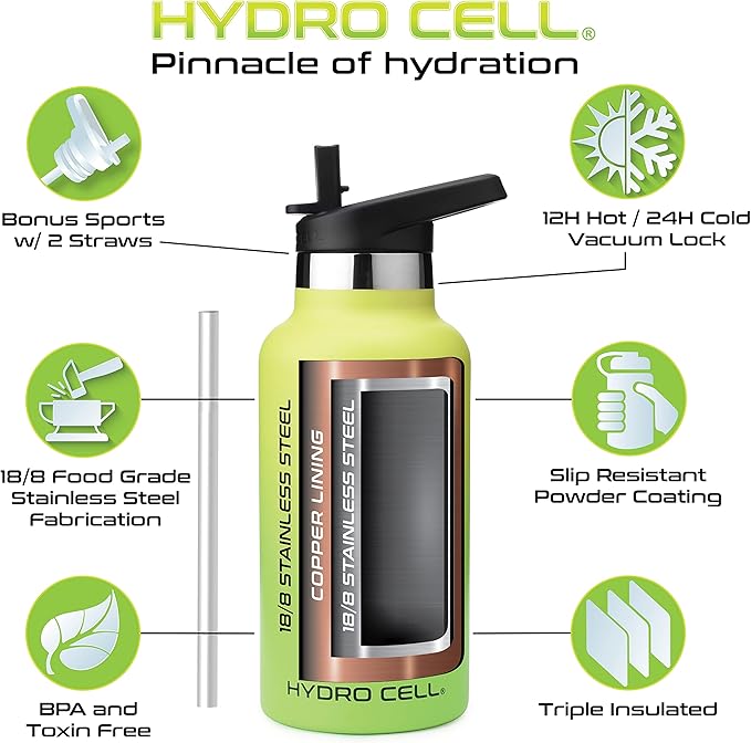 HYDRO CELL Stainless Steel Water Bottle with Straw & 2 Standard Mouth Lids (32oz 24oz 20oz 16oz) Keeps Liquids Hot or Cold w/Double Wall Vacuum Insulated Leak Proof Sport Design (Neon/Neon 16oz)