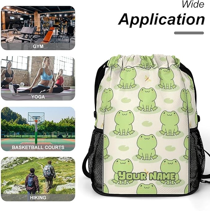 Custom Frog Drawstring Backpack - Cute Cinch Sack, String Backpacks with Pocket for Kids Women Men Boys Girls for Gym Outdoor Sports Travel Athletic Drawstring Bag - Lightweight/Foldable