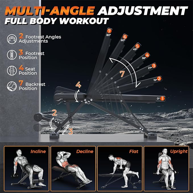 800LBS Adjustable Weight Bench - Bonvork Foldable Workout Bench Press with 20.5'' Extended Base for Home Gym, Folding Decline Incline Strength Training Bench for Full Body Exercise - 2024 Version