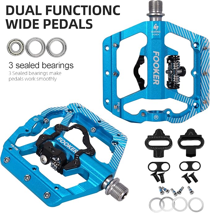 FOOKER MTB Mountain Bike Pedals 3 Bearing Flat Platform Compatible with Dual Function Sealed Clipless Aluminum 9/16" Pedals with Cleats for Road