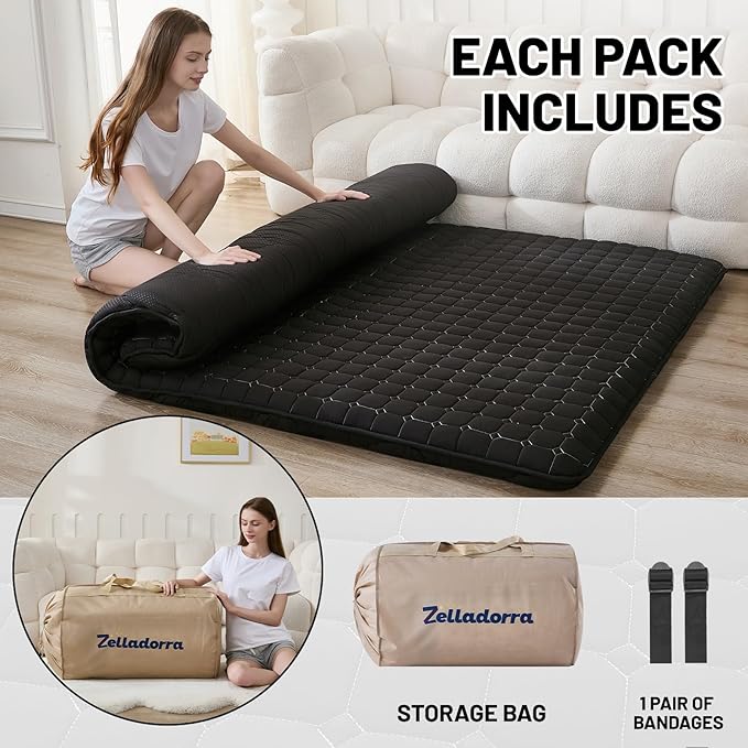 Japanese Floor Mattress Full, Anti-Slip Japanese Futon Foldable Tatami Mat for Guests, Black