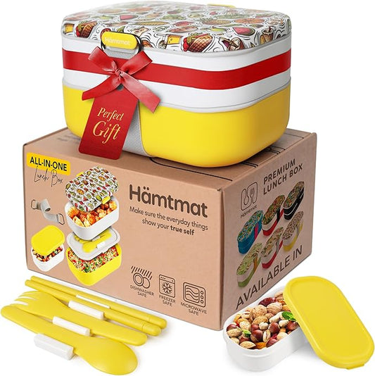 Insulated Stackable Bento Box for Adults with Reusable Chopsticks Japanese Lunch Box Microwavable & Leak Proof Lunch Containers for Men & Women Modern Cute Food Container with Compartments (Yellow)