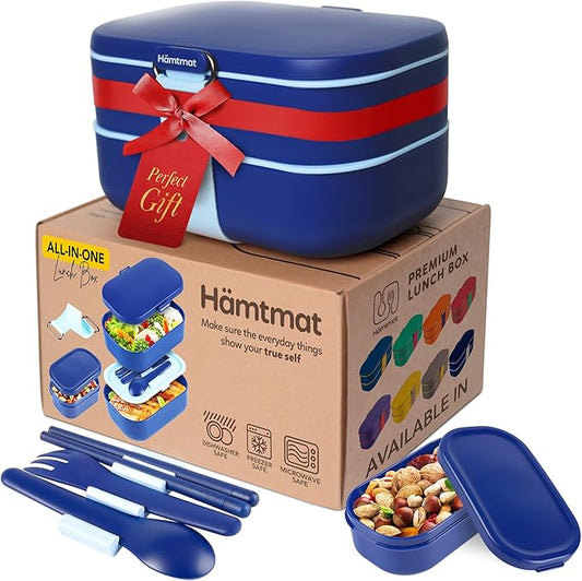 Insulated Stackable Bento Box for Adults with Reusable Chopsticks Japanese Lunch Box Microwavable & Leak Proof Lunch Containers for Men & Women Modern Cute Food Container with Compartments (Blue)