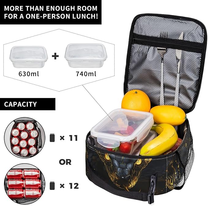 Fierce Snake Lunch Box for Women Adults Kids, Insulated Cooler Polyester Glowing Gold Accents Lunch Bag for Picnic, School, Office, Travel, Work, Portable Reusable Tote Thermal Lunch Bags