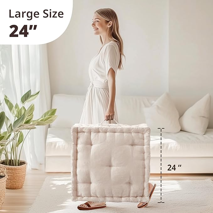 Intelligent Design Azza Large Cushion/Pouf, 24" W x 24" L x 5" H, Square Ivory with Handle