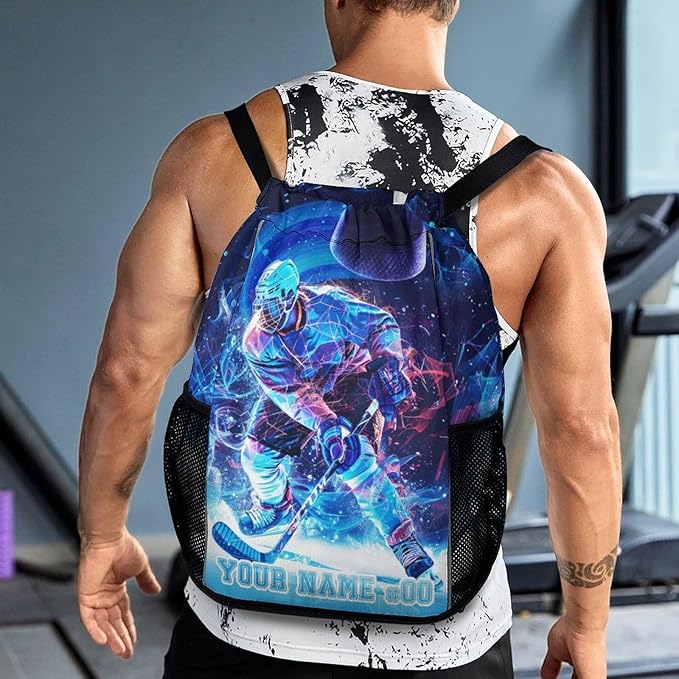 Custom Hockey Drawstring Backpack - Cool Cinch Sack, String Backpacks with Pocket for Kids Women Men Boys Girls for Gym Outdoor Sports Travel Athletic Drawstring Bag - Lightweight/Foldable