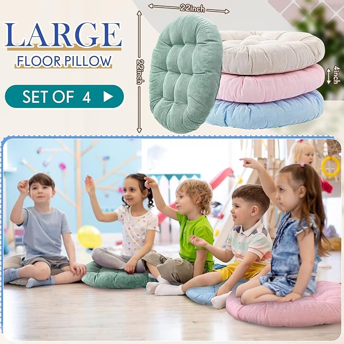 Jerify Floor Pillow Cushions 22 x 22 Inch Round Square Large Meditation Floor Pillow for Classroom Adult Meditation Picnic Party Cushion for Seating Gift Christmas(Round,Light Colors,4 Pcs)