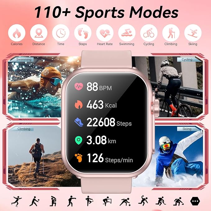 Smart Watch for Men Women, 1000mAh Battery 100-Day Standby Time, 1.85" HD Screen Fitness Tracker, 110+ Sport Modes, IP68 Waterproof, Heart Rate/Sleep Monitor, Fitness Watch for Android/iOS (Pink)