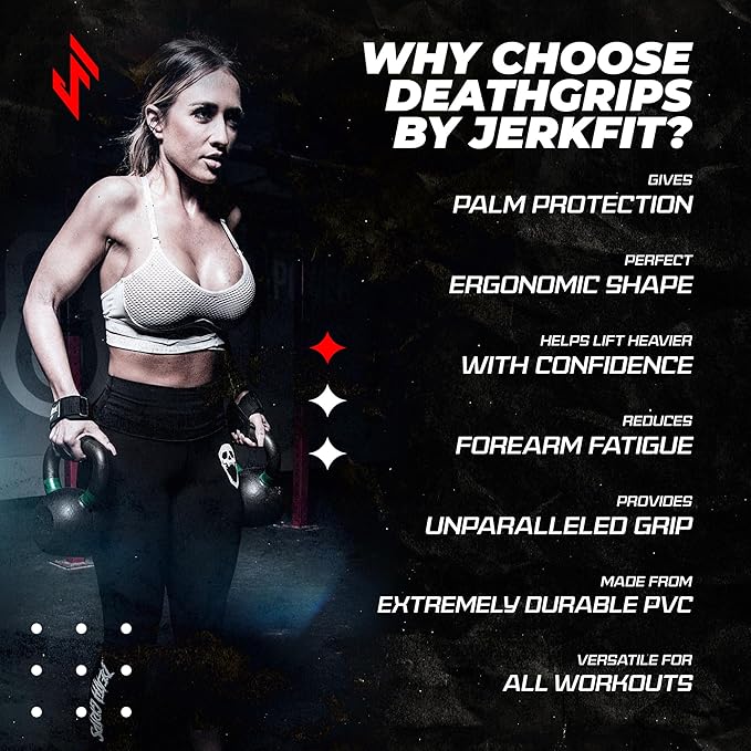 JerkFit Death Grips Premium Lifting Straps - Car Tire Grade Rubber PVC Wrist Straps for Shrugs, Pull Ups & Deadlifts with Neoprene Padded Support