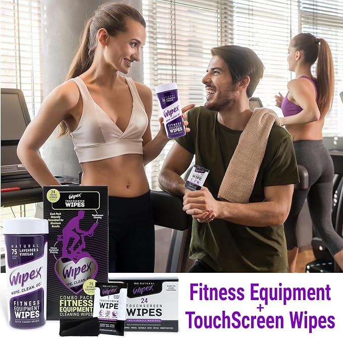 Wipex Fitness Equipment Wipes - Gym & Yoga Mat Cleaner, Peloton & Exercise Machine Wipes, All-Purpose Cleaning with Vinegar, Lemongrass & Eucalyptus, 75 Count (Pack of 12)