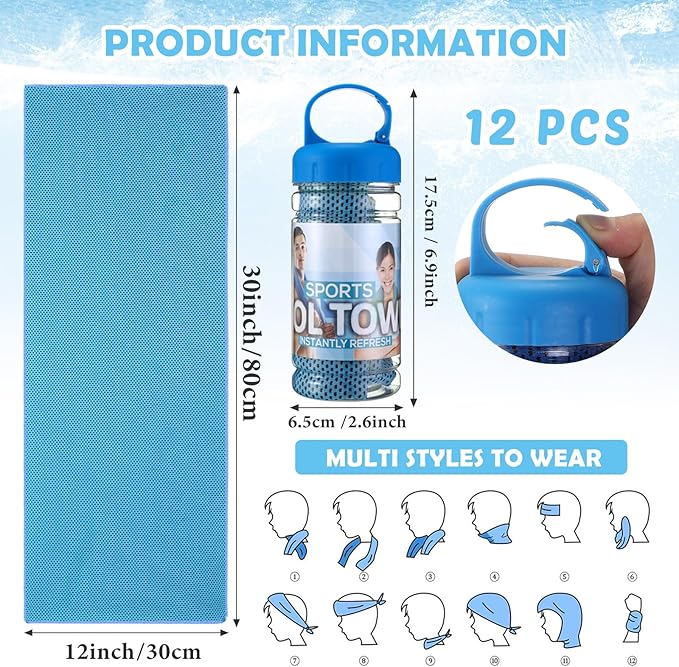 12 Pack 32 x 12 in Cooling Towels Bulk for Neck and Face Microfiber Ice Towel Sweat Towels Breathable Soft Chilly Towel Portable Cool Neck Rags for Yoga Sport Gym Workout Fitness