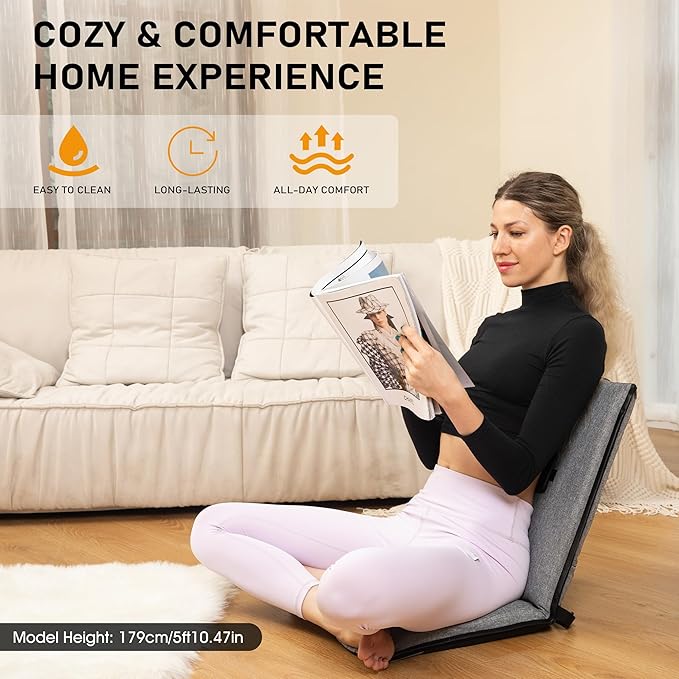 Floor Chair with Water Repellent Fabric 14-Position Adjustable Floor Chair with Back Support Portable Floor Seat for Adults Foldable Meditation Seat with Washable Cover (Dark Grey)