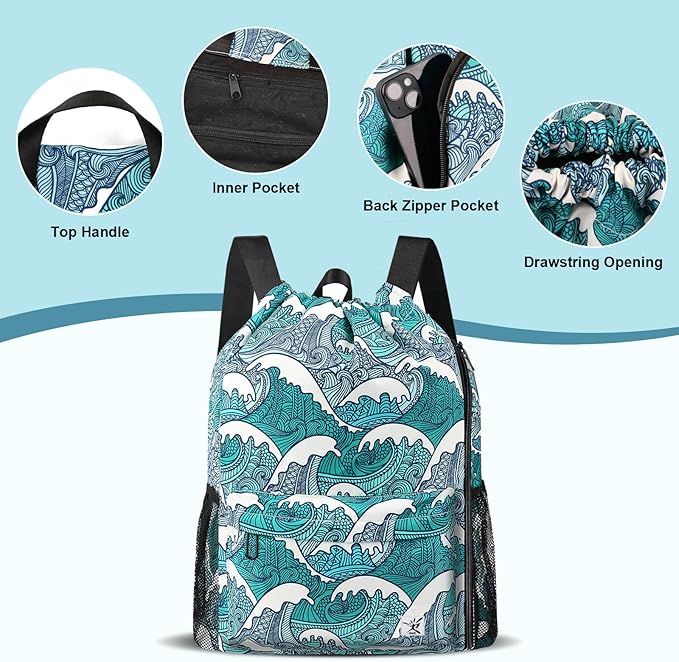 Drawstring Backpack with Mesh Pockets String Gym Bag Sackpack Sandproof Water Resistant Beach Backpack for Men Women