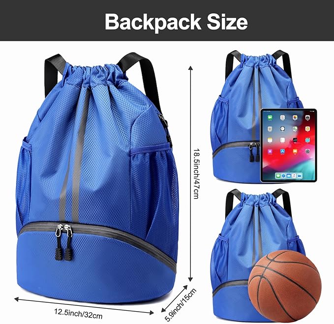 Hoedia Sports Drawstring Backpack - String Swim Gym Bag with Shoes Compartment and Wet Proof Pocket for Women&Men