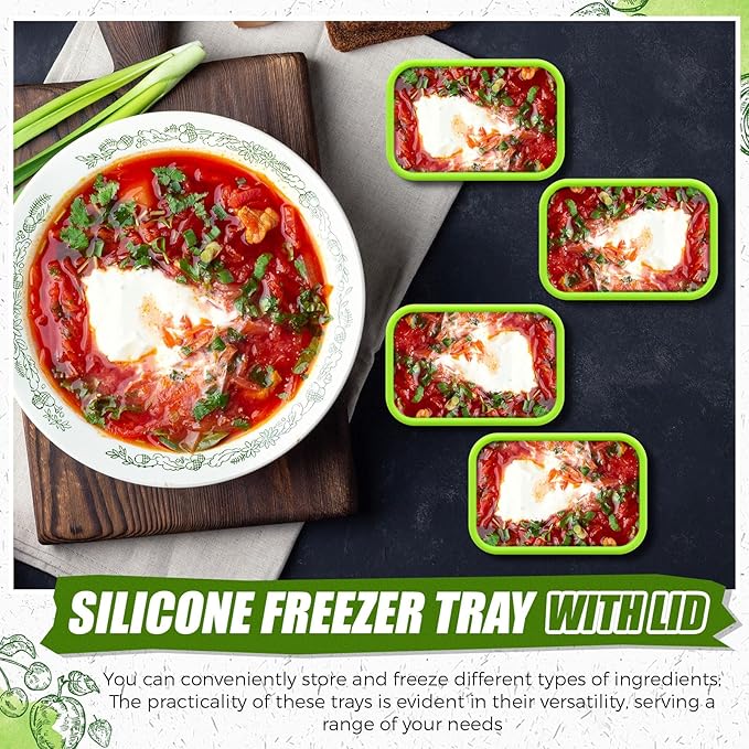 Nuogo 8 Pcs 1 Cup Silicone Freezer Containers with Lid Soup Freezer Molds Silicone Soup Containers Rectangle Trays Reusable Food Preserving Tray Ice Trays for Soups Sauces Stews(Green)