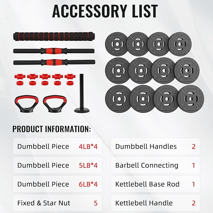 Multi-Functional Portable Changeable Dumbbell and Barbell Kettlebell Set with Adjustable Weights, 40LBS or 60LBS Sets, 2-in-1 or 4-in1, Multiple Sizes