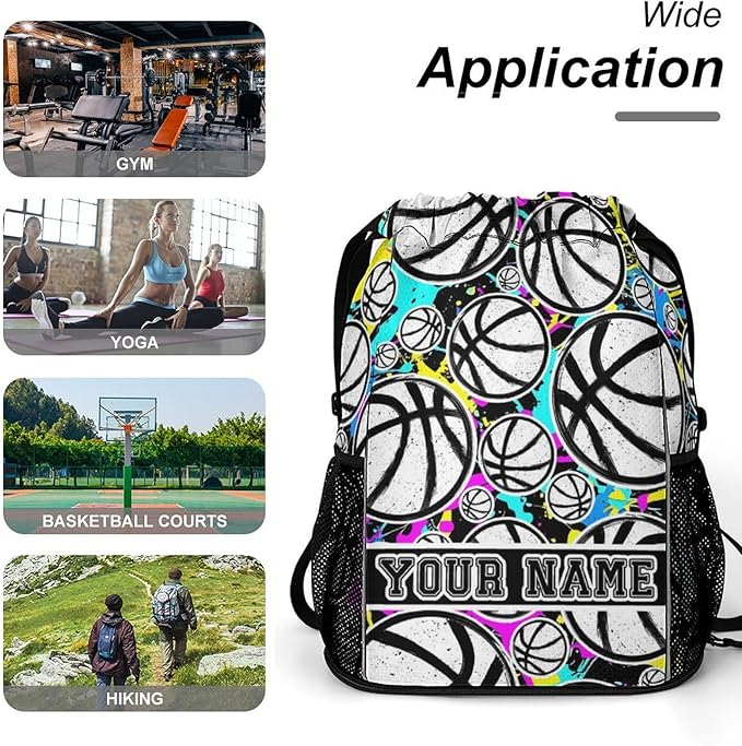 Custom Basketball Drawstring Backpack - Cool Cinch Sack, String Backpacks with Pocket for Kids Women Men Boys Girls for Gym Outdoor Sports Travel Athletic Drawstring Bag - Lightweight/Foldable