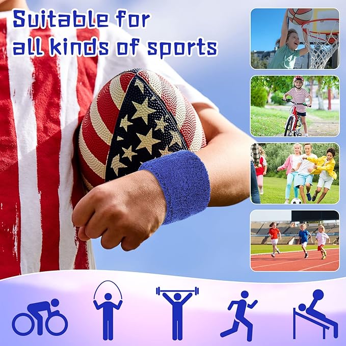 Leyndo 72 Pcs Wrist Sweatbands Bulk for Kids Field Day Cotton Terry Sweat Bands Sports Fan Wristbands Kids for Summer Camp Student Football Team Competition Party