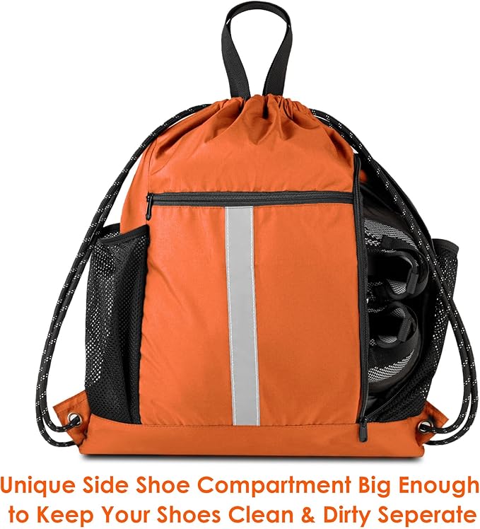 BeeGreen Orange Drawstring Backpack Bag Cinch Sack with Shoe Compartment and Two Side Mesh Pockets Lightweight Large Sturdy Drawstring Gym Sackpack For Unisex
